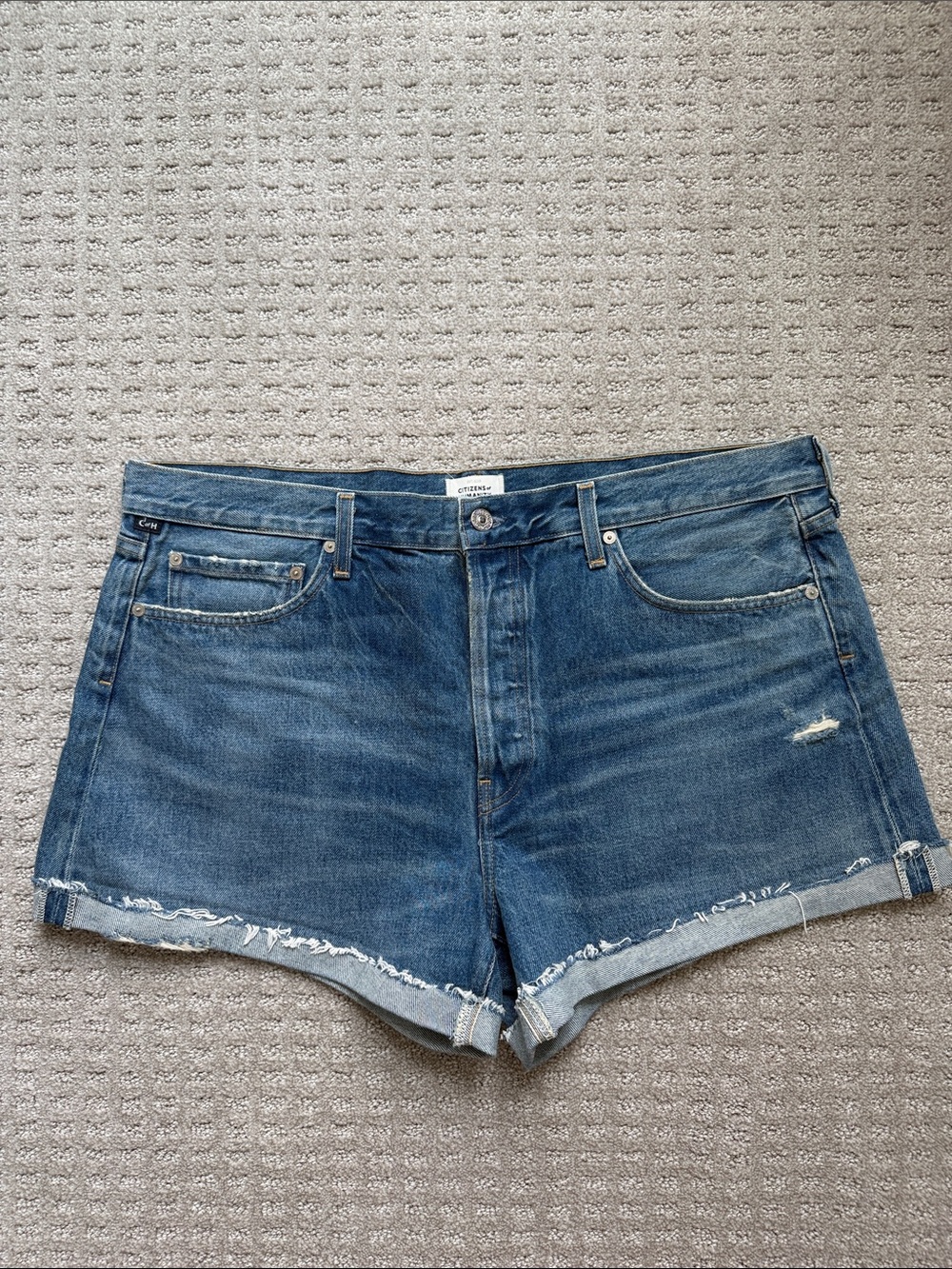 Citizens Of Humanity Distressed Mid-Blue Denim Cutoff Shorts
